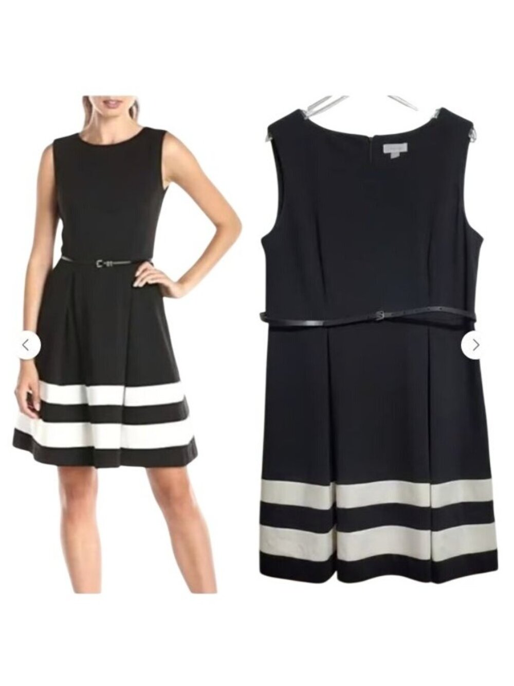 CALVIN KLEIN WOMENS BLACk/WHITE FIT AND FLARE ZIP CLOSW KNEE LENGHT DRESS SIZE 8